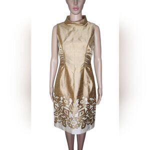 *Kay Unger women's gold taffeta silk ruched lace trim high neck cocktail dress 4